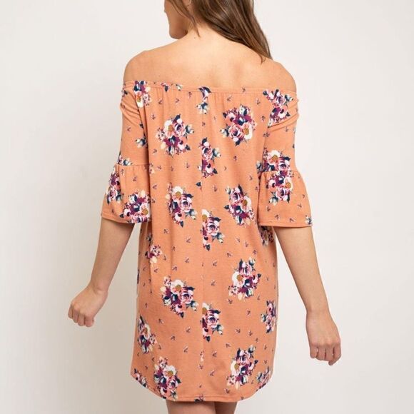 NEW! WOMEN'S BOHO JERSEY FLORAL OFF SHOULDER TIERED SLEEVE POCKETED DRESS - Picture 3 of 3